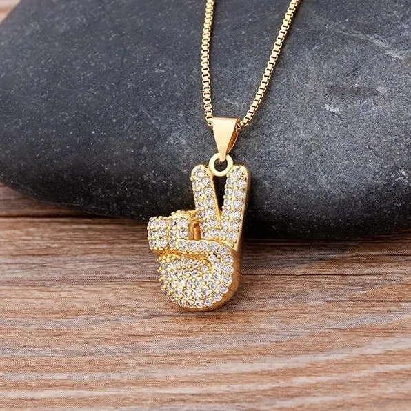 Micro Pave Gesture Hand Pendant Necklace with Rhinestone in Gold Color