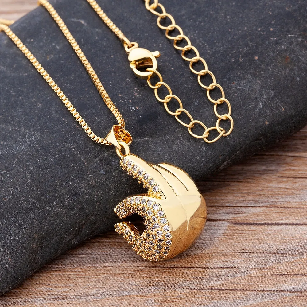 Micro Pave Gesture Hand Pendant Necklace with Rhinestone in Gold Color