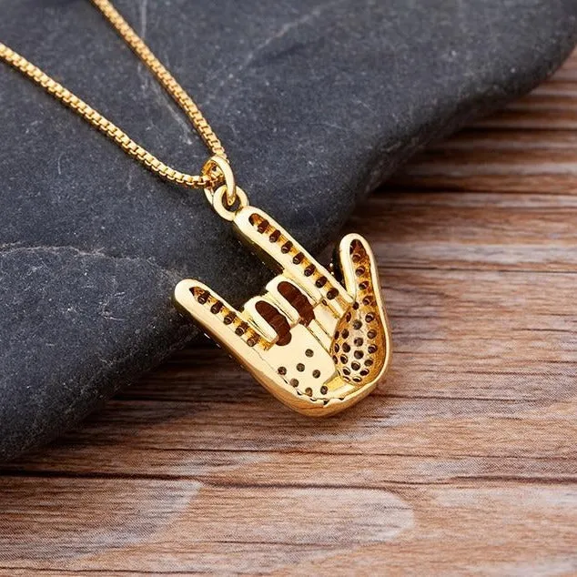 Micro Pave Gesture Hand Pendant Necklace with Rhinestone in Gold Color