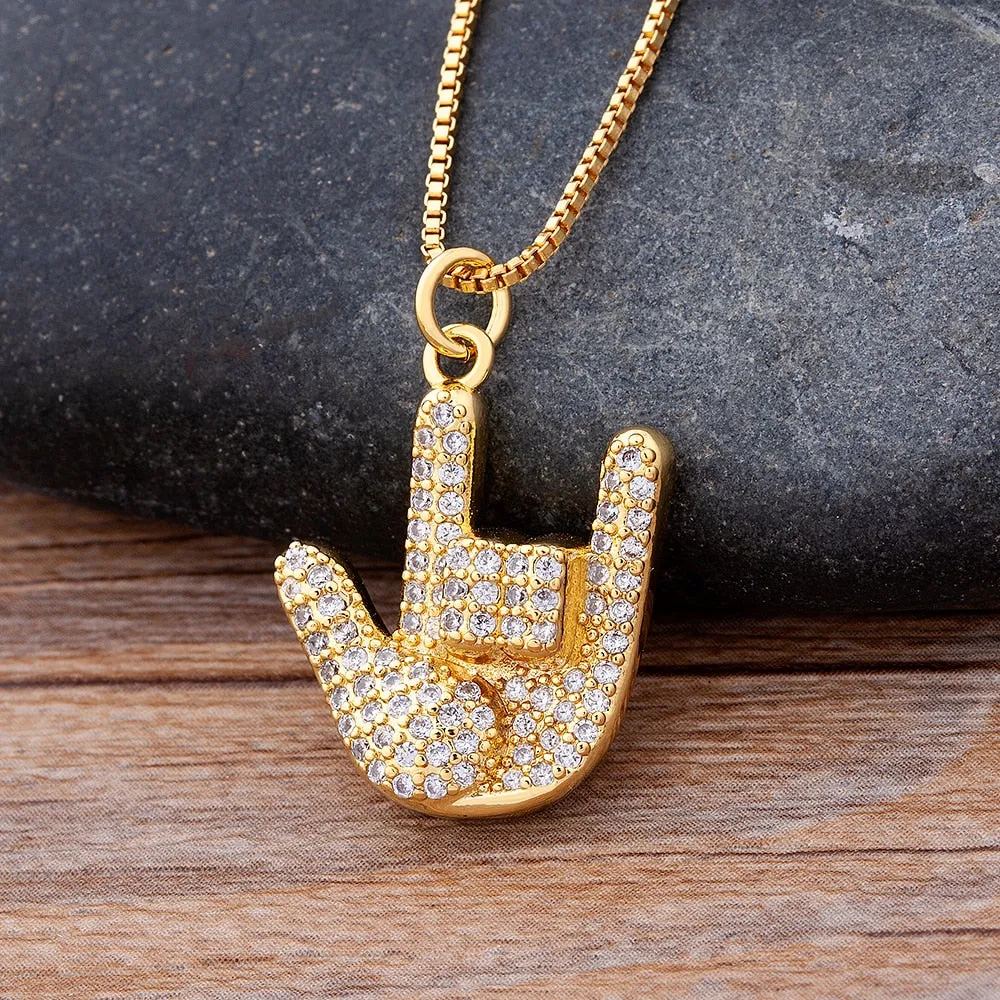 Micro Pave Gesture Hand Pendant Necklace with Rhinestone in Gold Color