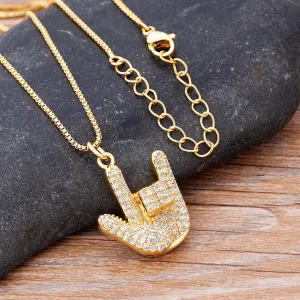 Micro Pave Gesture Hand Pendant Necklace with Rhinestone in Gold Color