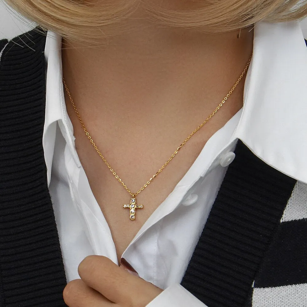 Micro Pave Small Cross Pendant Necklace with Rhinestone in Gold Color