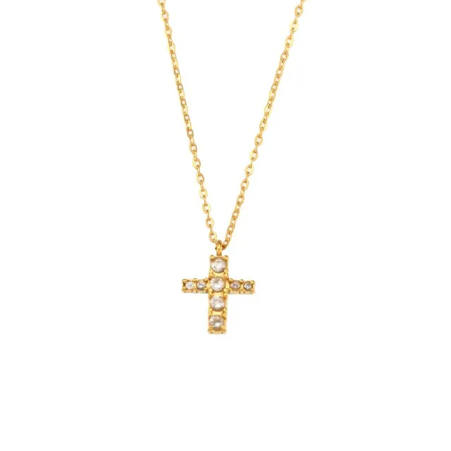 Micro Pave Small Cross Pendant Necklace with Rhinestone in Gold Color