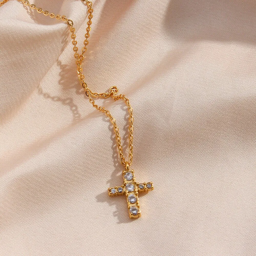 Micro Pave Small Cross Pendant Necklace with Rhinestone in Gold Color