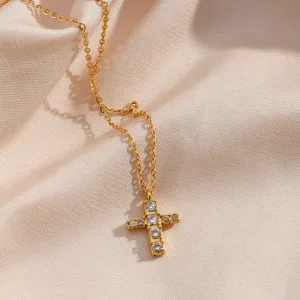 Micro Pave Small Cross Pendant Necklace with Rhinestone in Gold Color