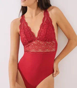 Microfiber and Lace Halterneck Bodysuit Red