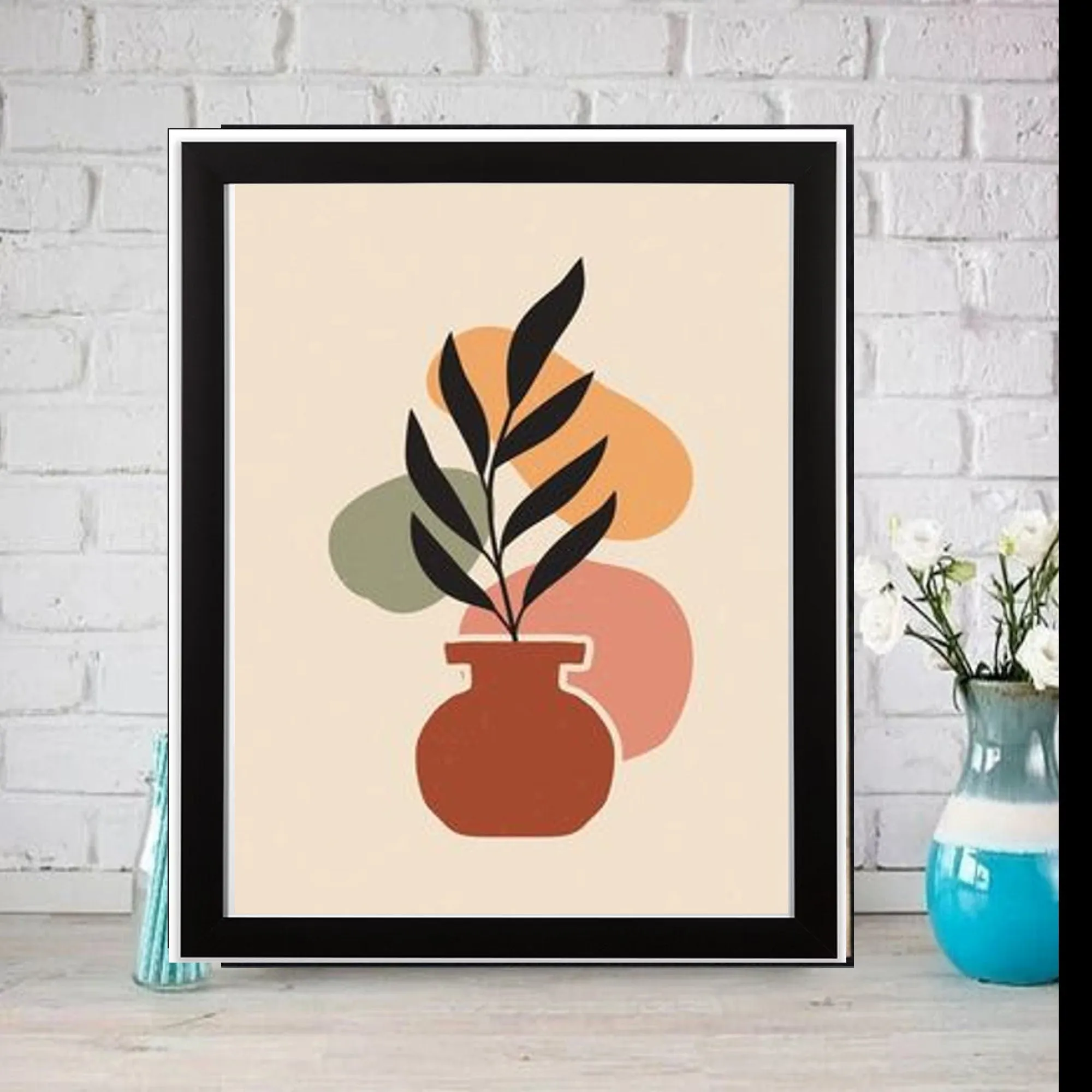 Mid Century Modern Boho Wall Art, boho wall art vase, Orange terracotta netrual tones,  Abstract Geometric Prints, Bohemian print