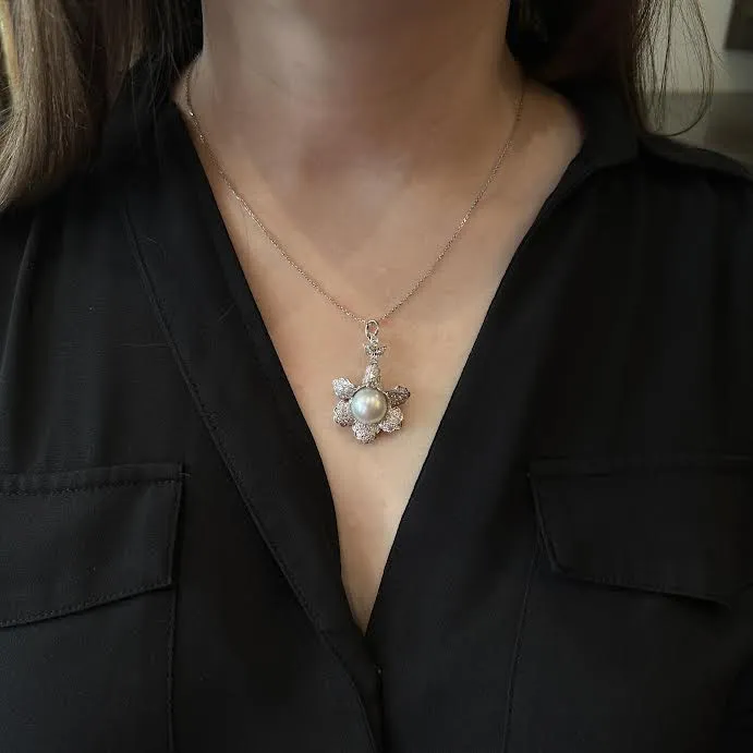 Mid-Century Pearl and Diamond Flower Pendant