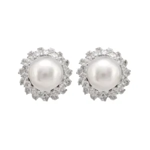 Mid Century South Sea Pearl 7 Carat Total Weight Diamond Platinum Cluster Studs