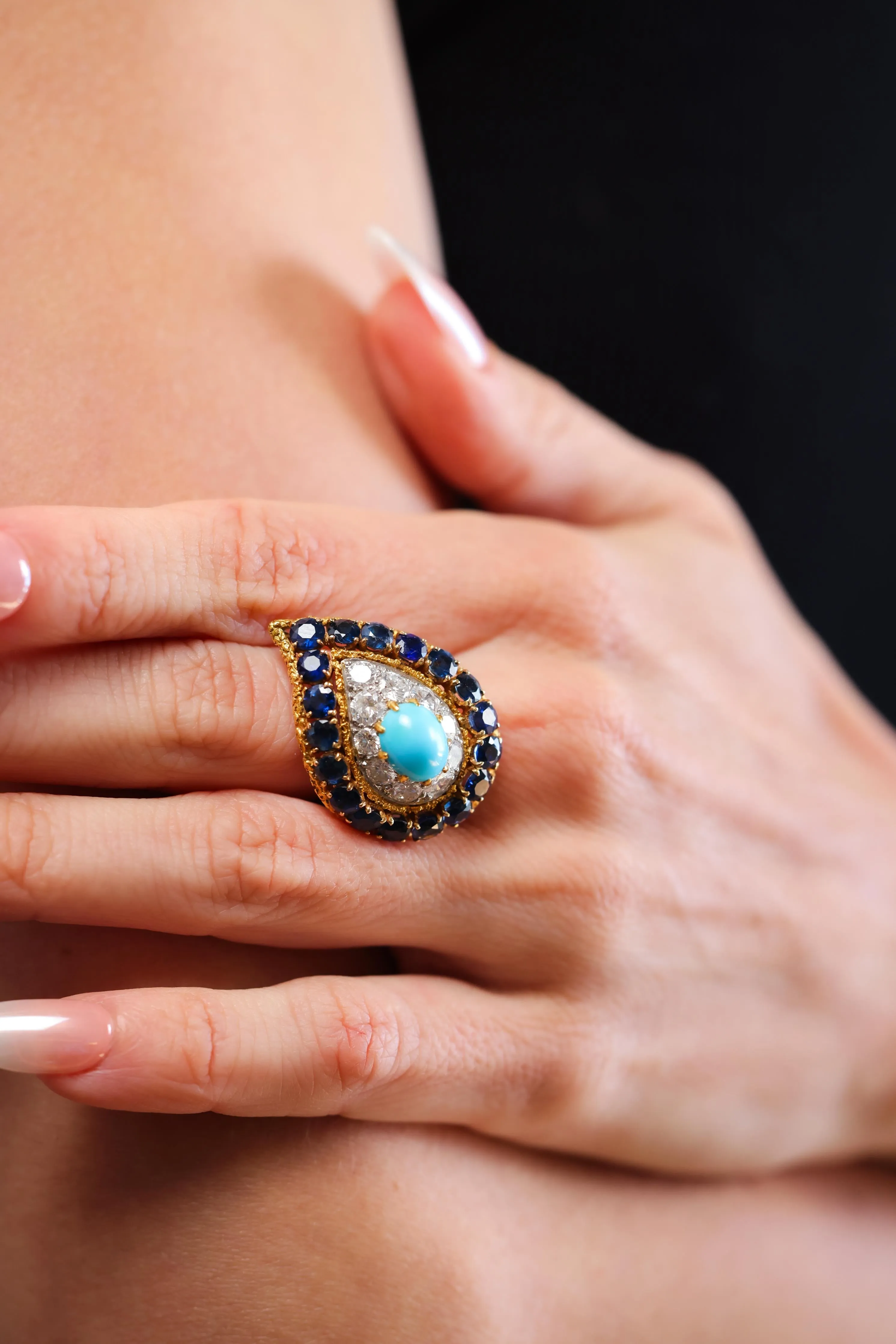 Mid-Century Turquoise Sapphire Diamond Gold Ring