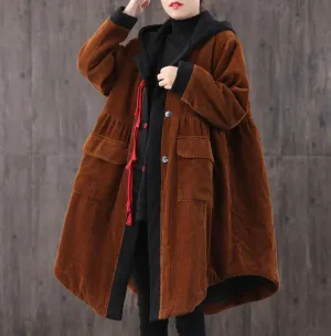 Mid-length Retro Winter Padded Warm Corduroy Casual Coat Women's Hooded Green Trench Coat Corduroy Over coat