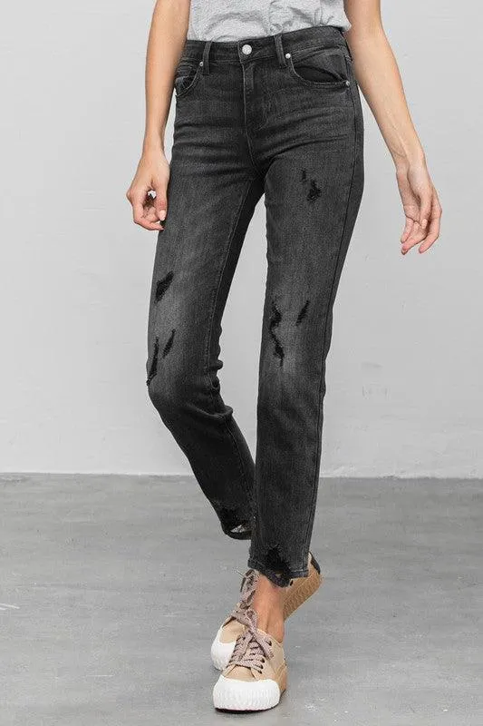 Mid Rise Ankle Black Straight Jeans