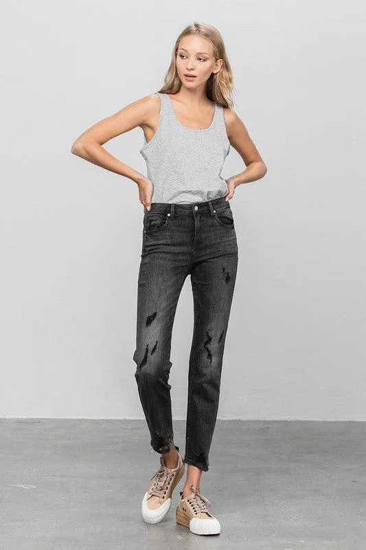 Mid Rise Ankle Black Straight Jeans