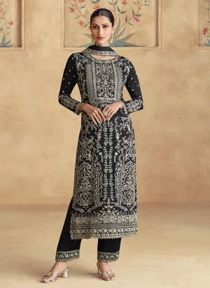 Midnight Black Thread Work Embroidery Festive Pant Suit