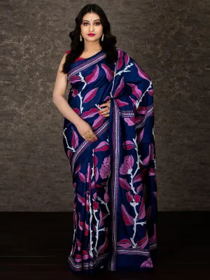 Midnight Blue Leaf Motif Kantha Stitch Silk Saree