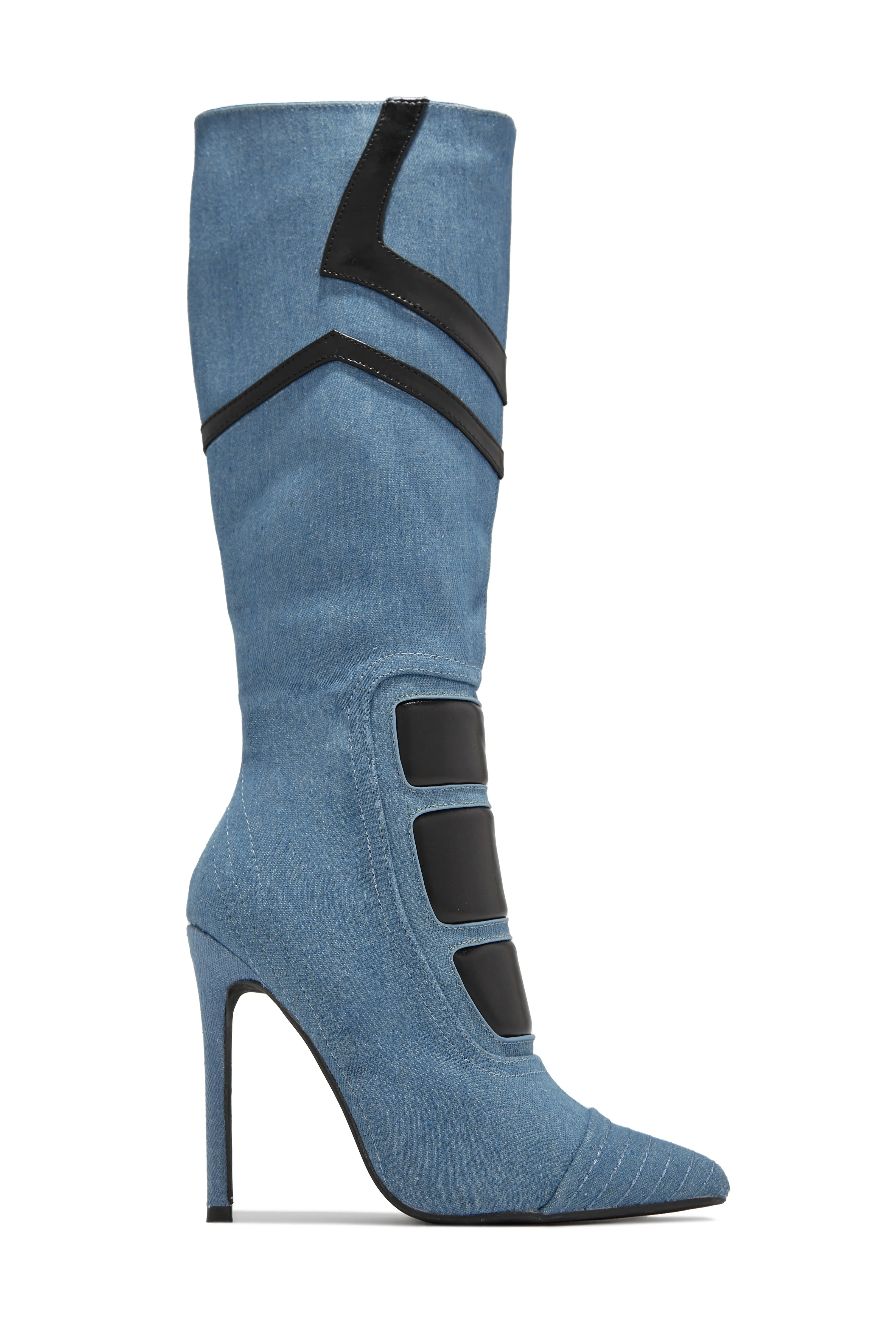 Midnight Sky Moto Style Knee High Heel Boots - Black