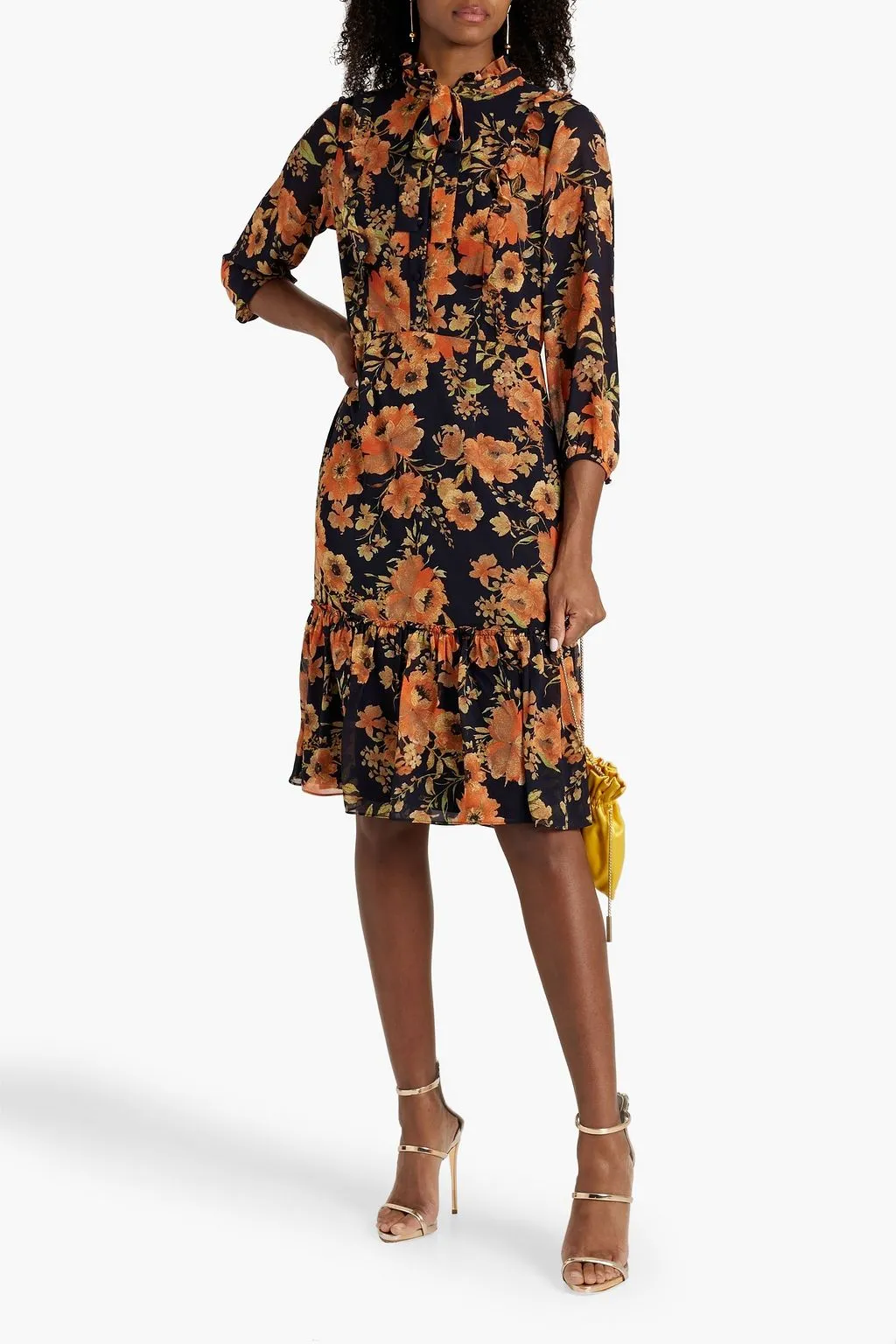 MIKAEL AGHAL crepe dress with bow and floral print, black