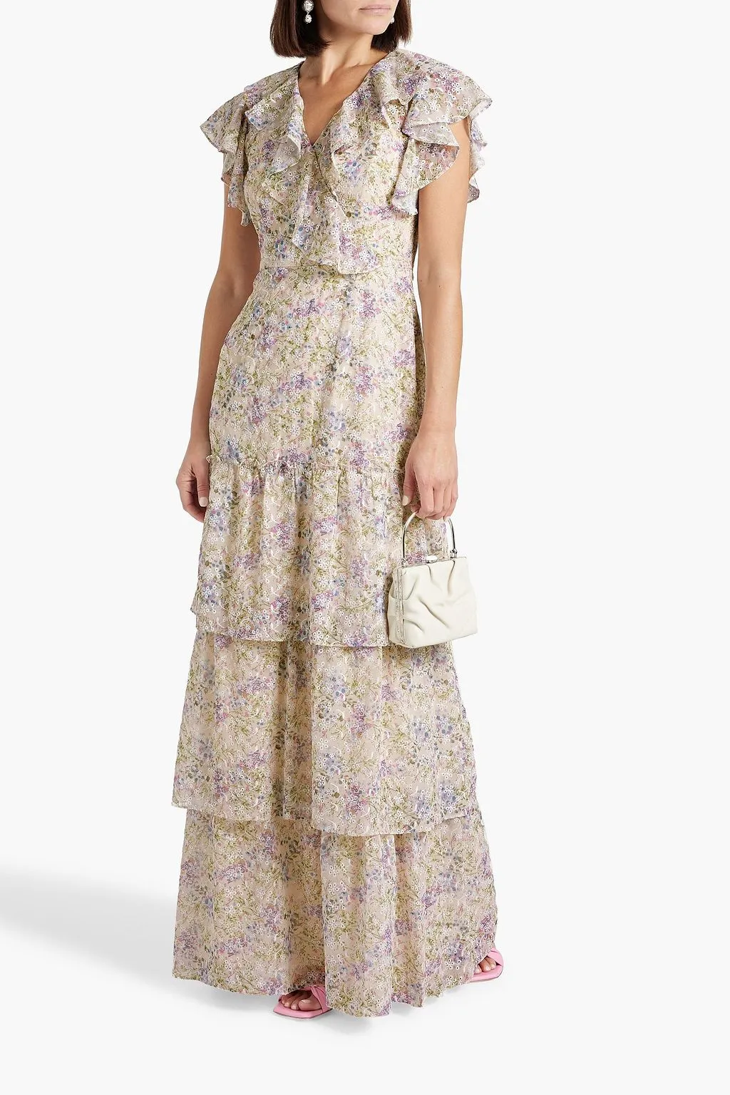 MIKAEL AGHAL Floral Embroidery Tiered Maxi Dress lilac