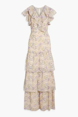 MIKAEL AGHAL Floral Embroidery Tiered Maxi Dress lilac