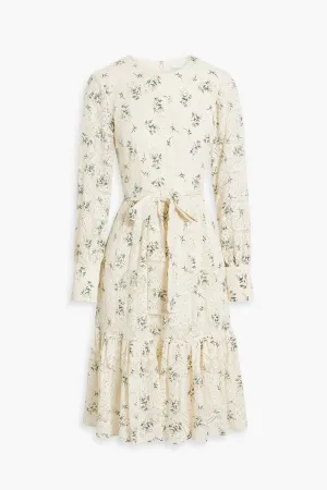 MIKAEL AGHAL lace dress with ruffles and floral print, cream