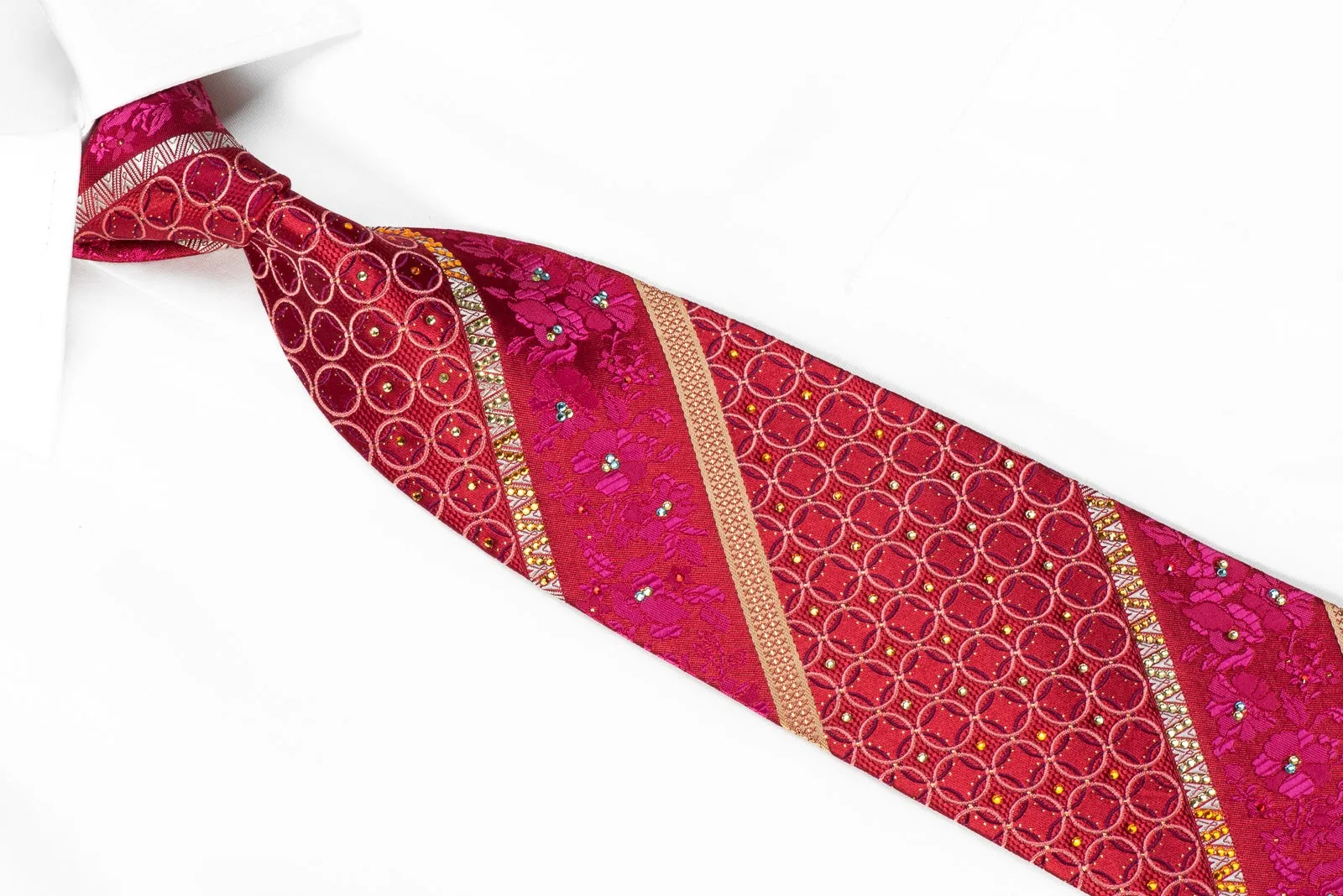 Mila Schon Men's Crystal Rhinestone Silk Necktie Gold Striped Floral & Geometric On Burgundy With Sparkles