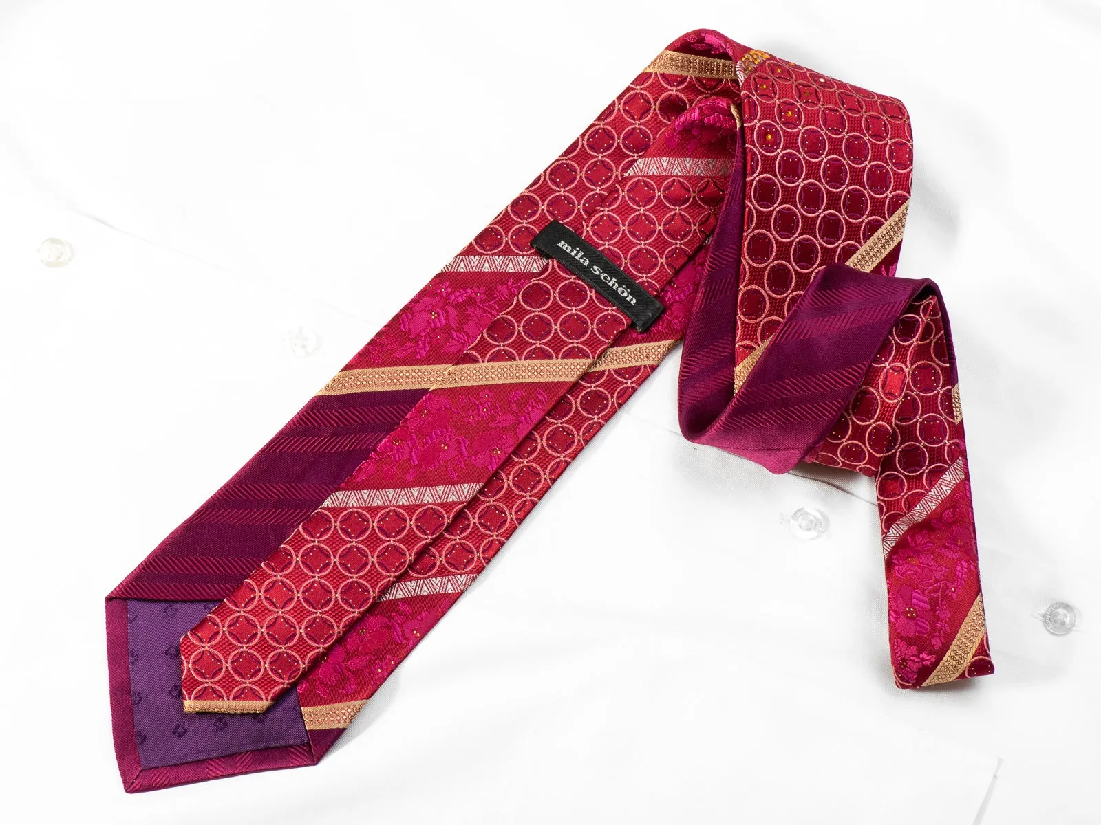 Mila Schon Men's Crystal Rhinestone Silk Necktie Gold Striped Floral & Geometric On Burgundy With Sparkles