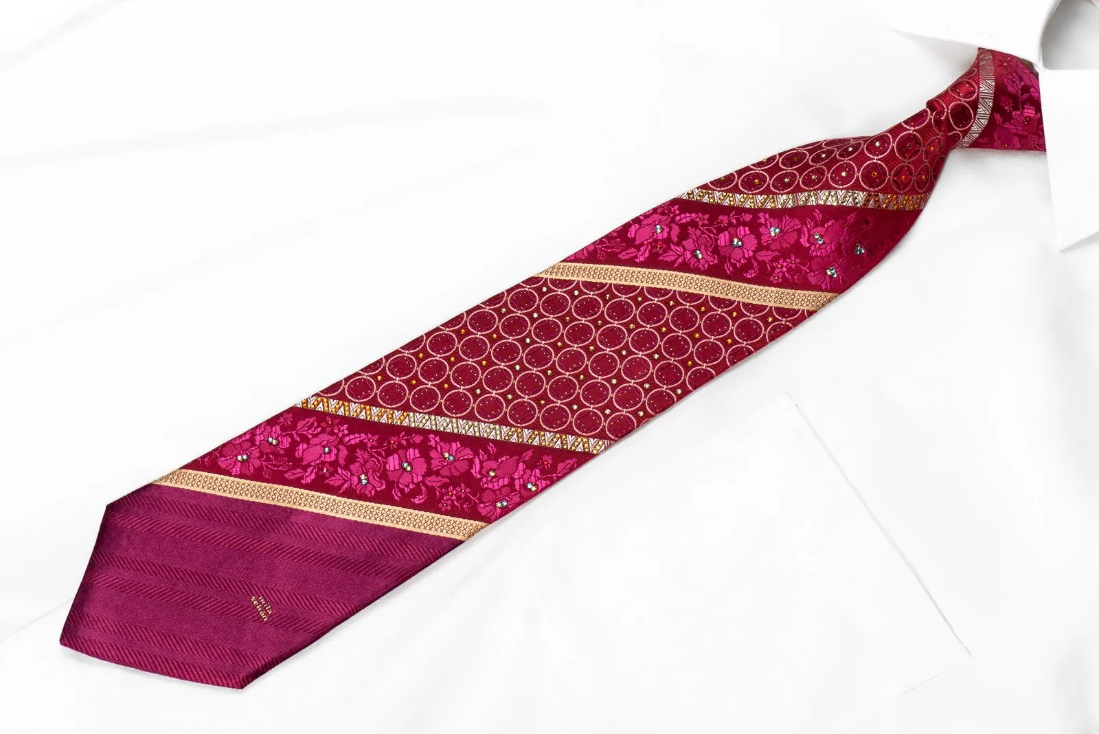 Mila Schon Men's Crystal Rhinestone Silk Necktie Gold Striped Floral & Geometric On Burgundy With Sparkles