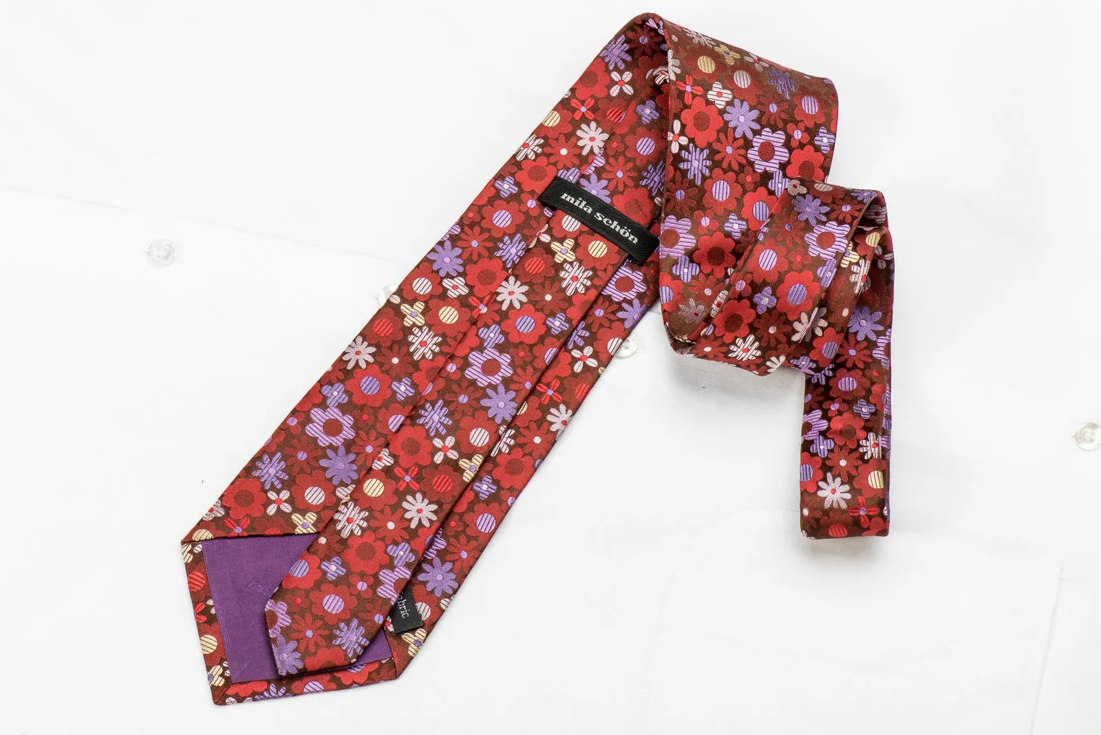 Mila Schon Men's Crystal Silk Necktie Floral On Burgundy Sparkling With Rhinestones