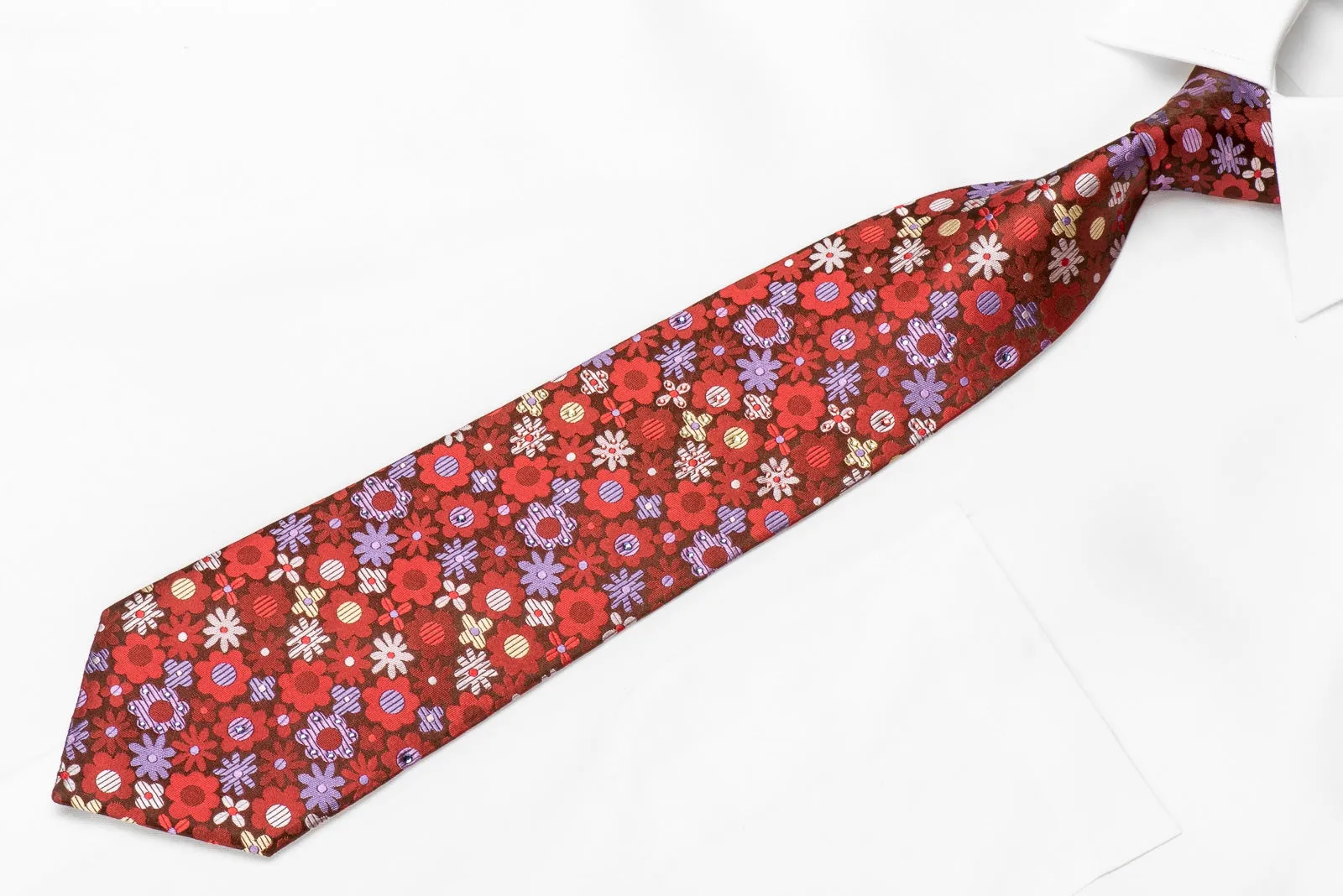 Mila Schon Men's Crystal Silk Necktie Floral On Burgundy Sparkling With Rhinestones