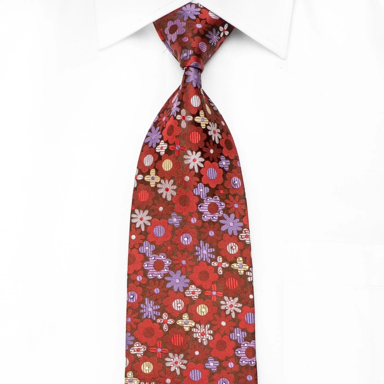 Mila Schon Men's Crystal Silk Necktie Floral On Burgundy Sparkling With Rhinestones