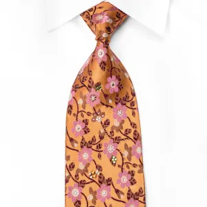 Mila Schon Men's Crystal Silk Necktie Pink Floral On Orange Sparkling With Rhinestones