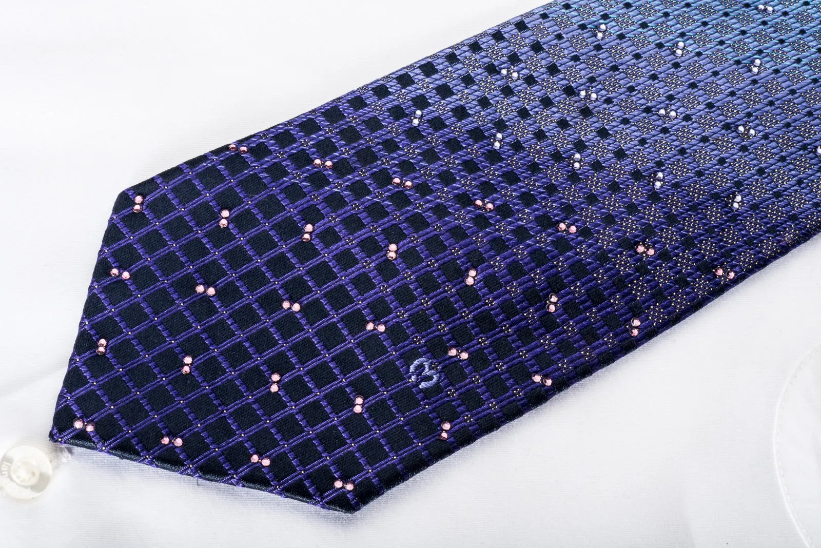 Mila Schon Rhinestone Silk Necktie Squares On Teal Purple With Golden Sparkles