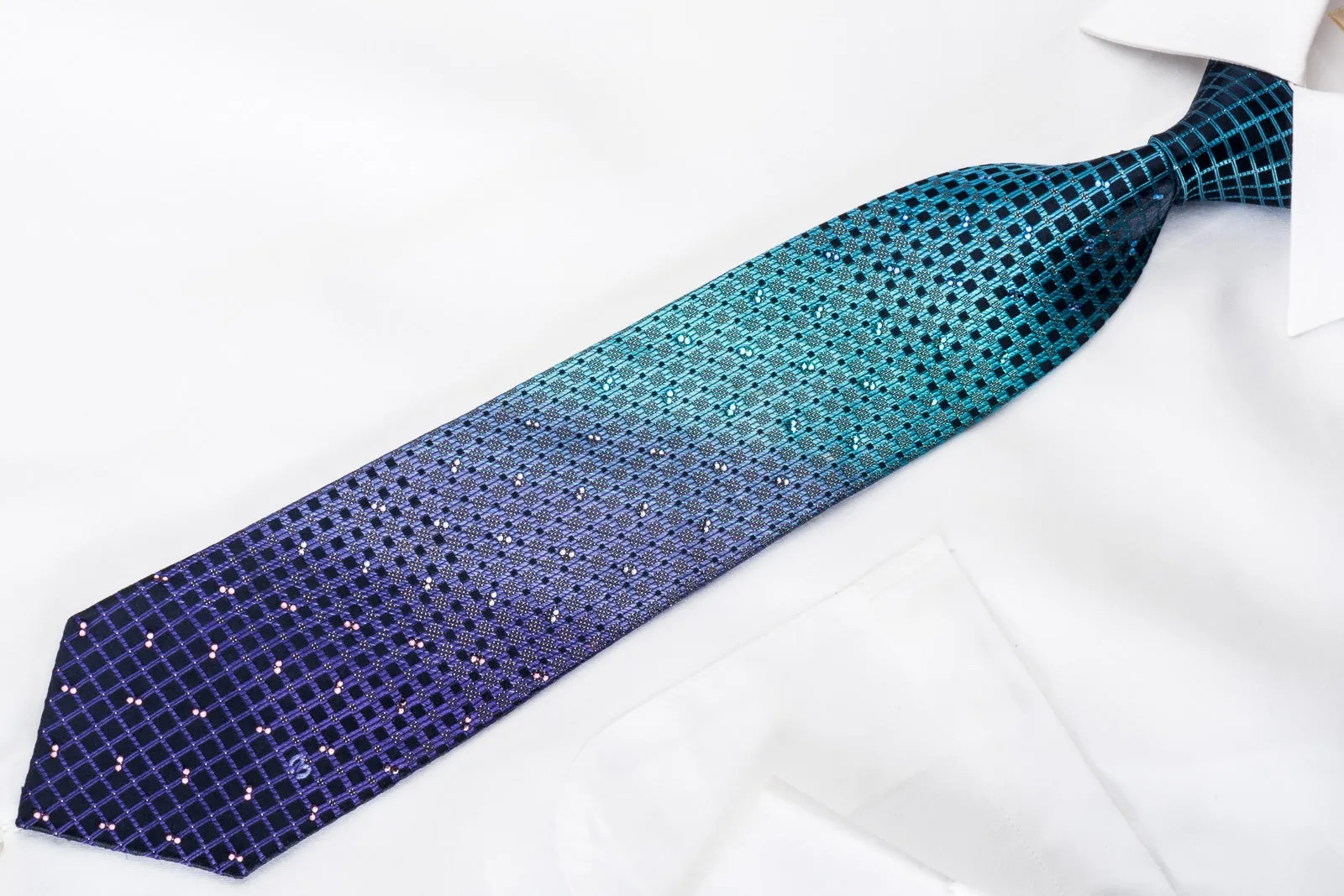 Mila Schon Rhinestone Silk Necktie Squares On Teal Purple With Golden Sparkles