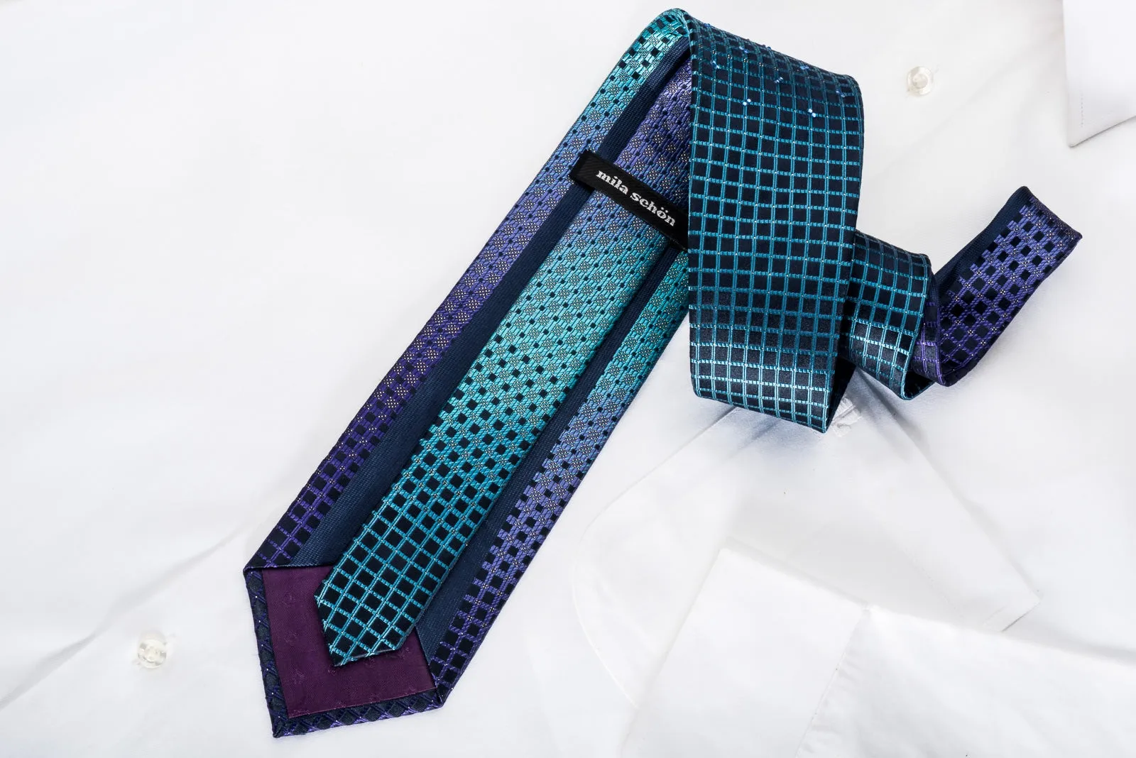 Mila Schon Rhinestone Silk Necktie Squares On Teal Purple With Golden Sparkles