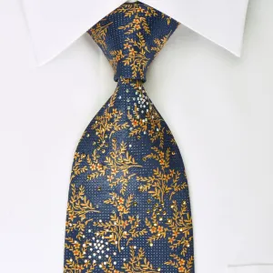 Mila Schon Rhinestone Silk Necktie Yellow Floral On Blue With Micro Sparkles