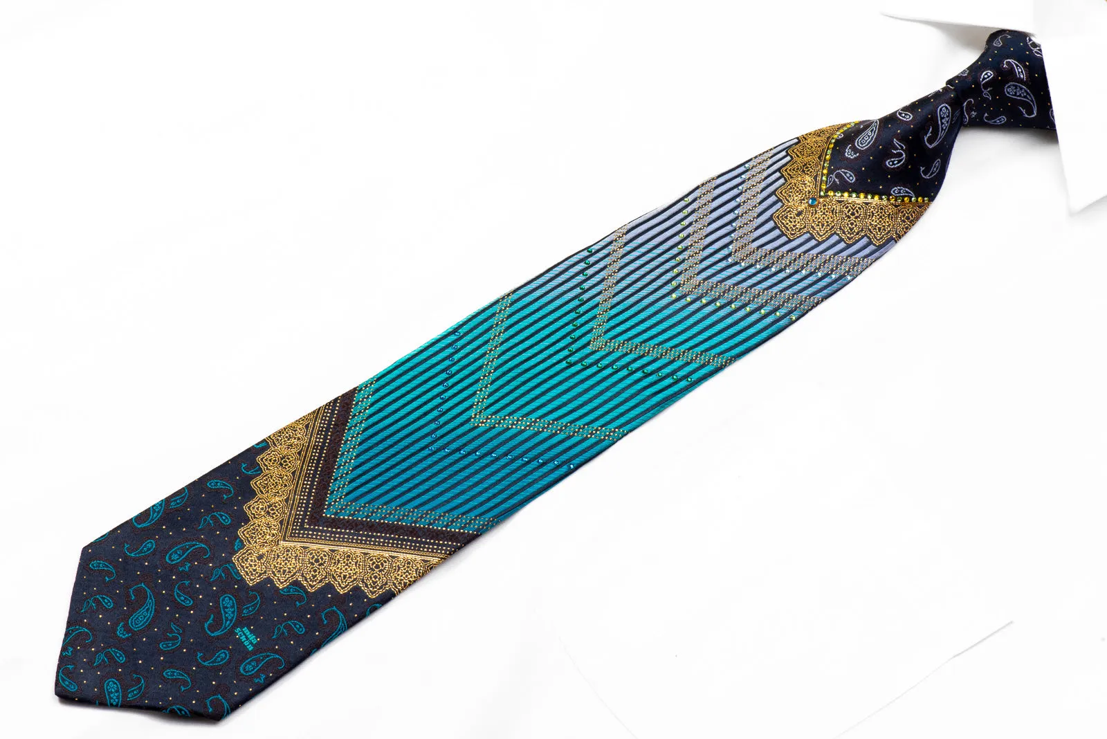 Mila Schon Rhinestone Silk Tie V-Striped Paisley On Navy Silk With Gold Sparkles