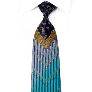 Mila Schon Rhinestone Silk Tie V-Striped Paisley On Navy Silk With Gold Sparkles