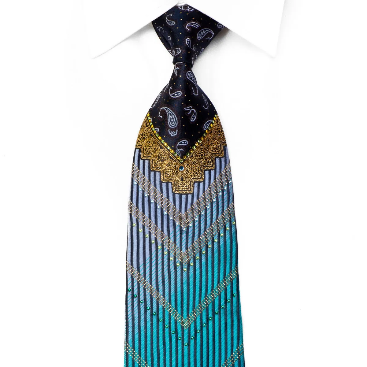 Mila Schon Rhinestone Silk Tie V-Striped Paisley On Navy Silk With Gold Sparkles