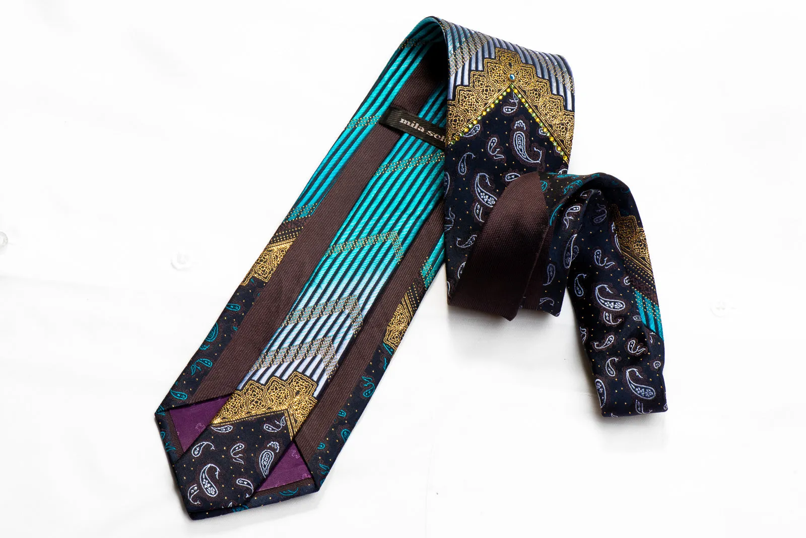 Mila Schon Rhinestone Silk Tie V-Striped Paisley On Navy Silk With Gold Sparkles