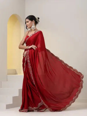 Milano Red Satin Saree with Hand embroidery with Blouse Fabric