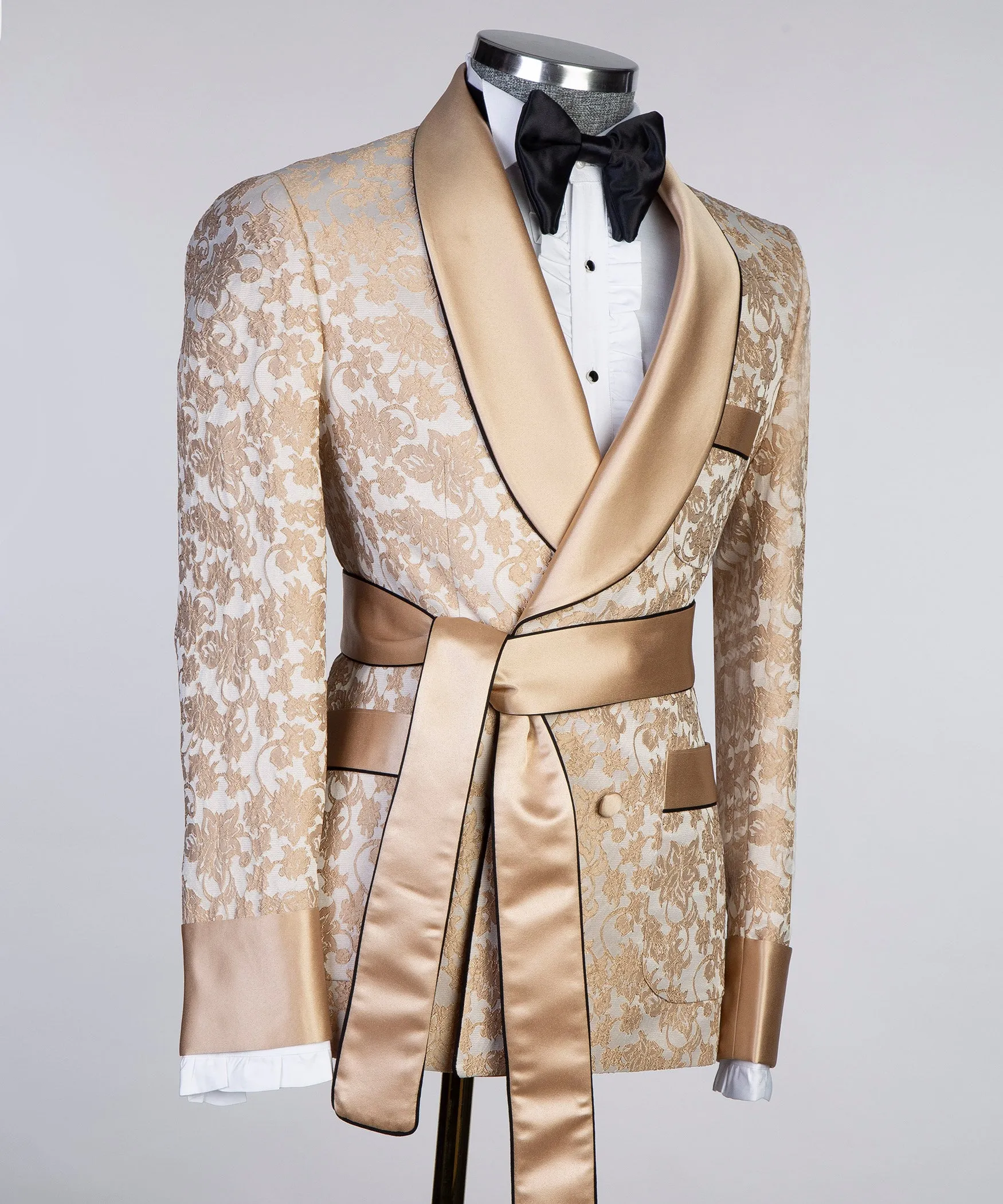 Milky Brown Lace-Designed Belted Tuxedo