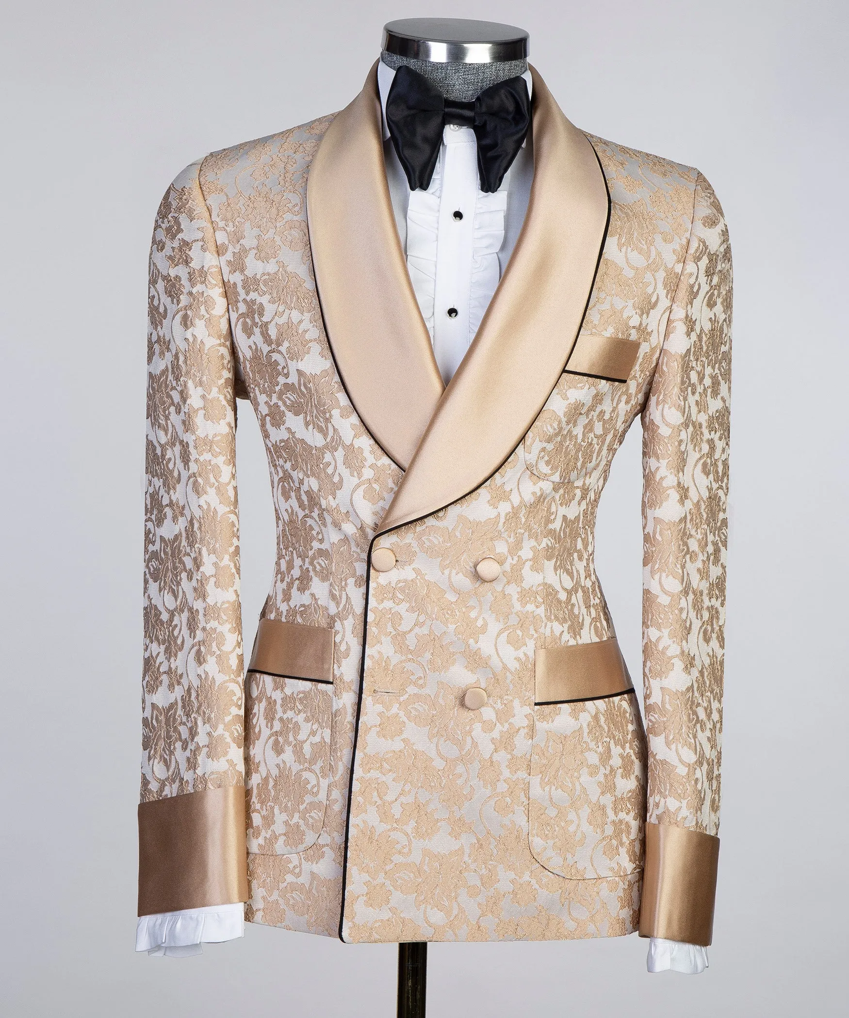 Milky Brown Lace-Designed Belted Tuxedo