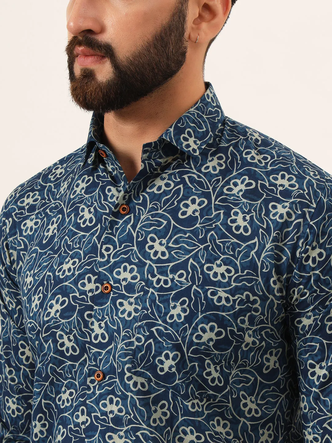 MILLENNIAL MEN Blue Floral Print Pure Cotton Regular Fit Casual Shirt