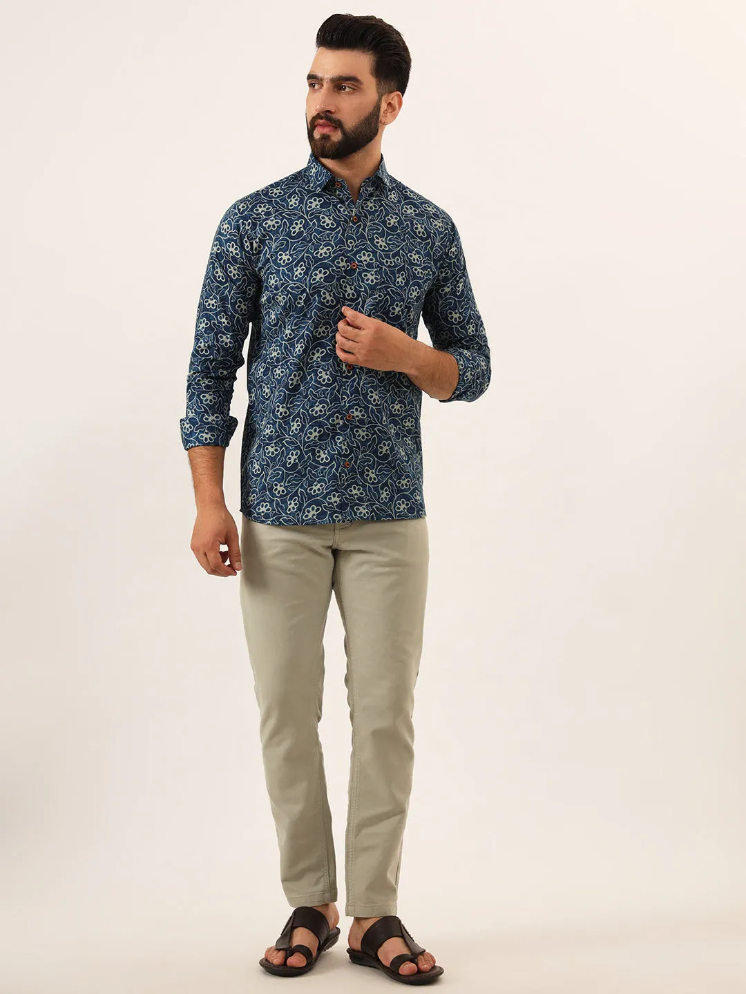 MILLENNIAL MEN Blue Floral Print Pure Cotton Regular Fit Casual Shirt