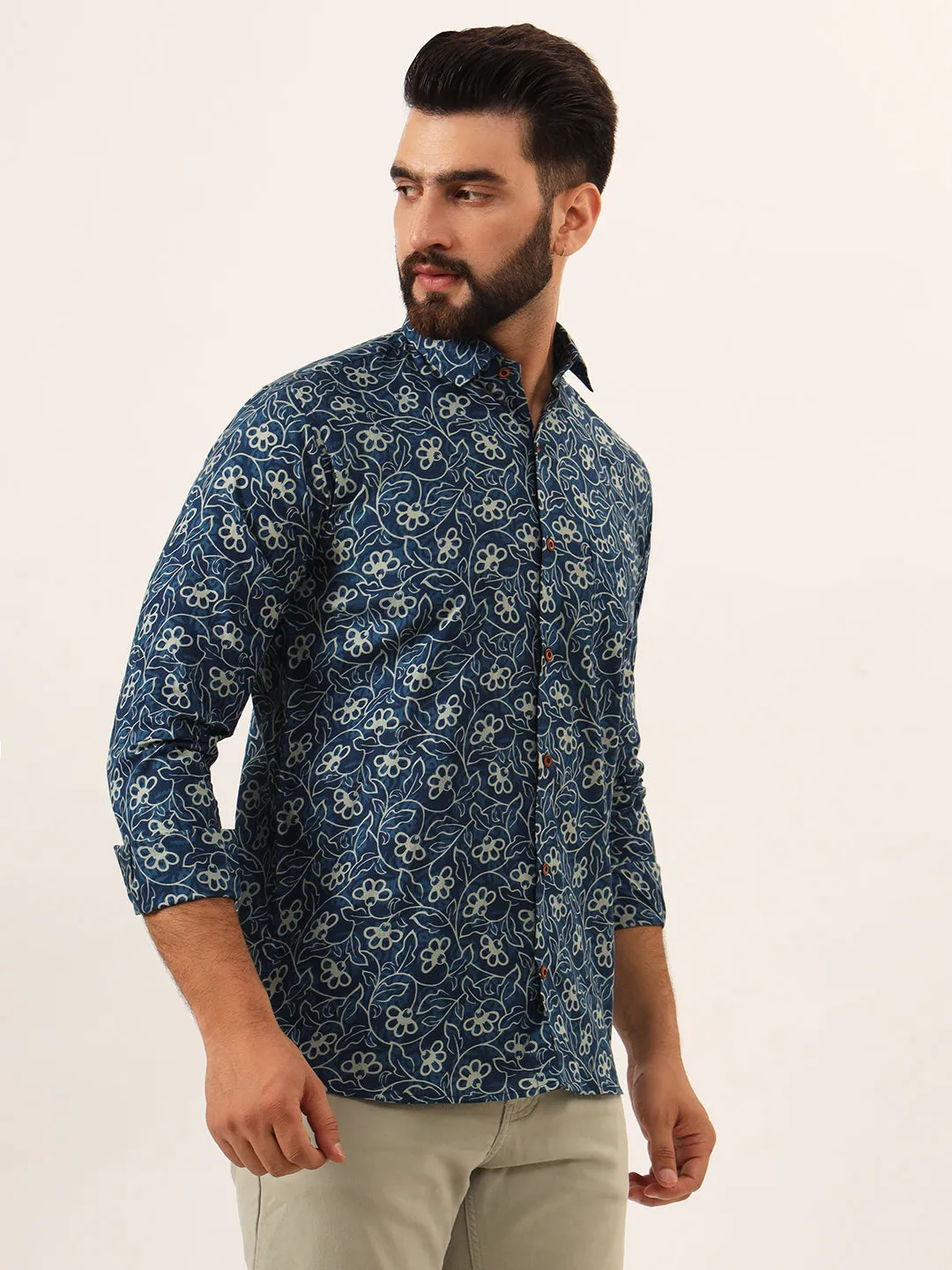 MILLENNIAL MEN Blue Floral Print Pure Cotton Regular Fit Casual Shirt