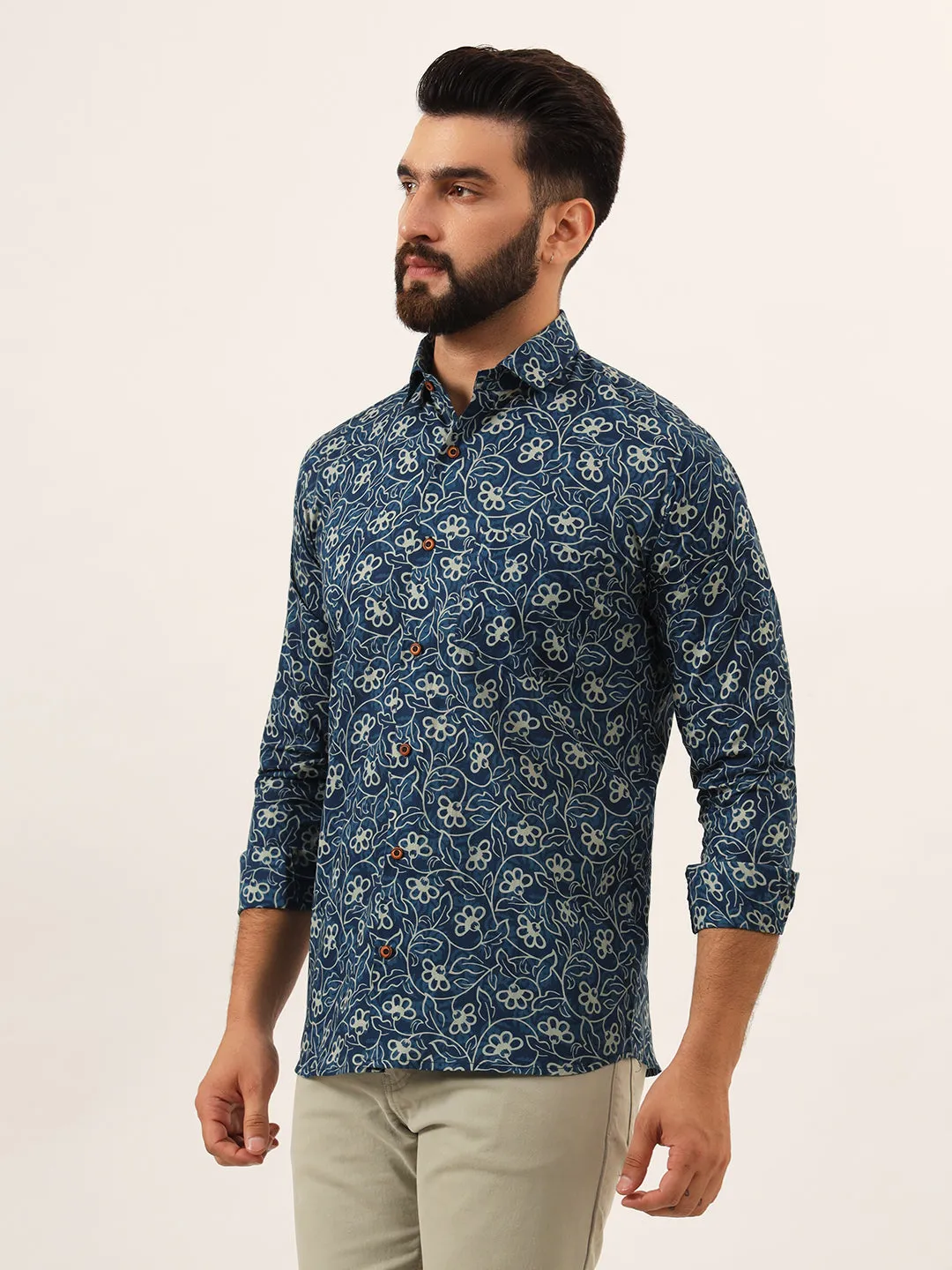 MILLENNIAL MEN Blue Floral Print Pure Cotton Regular Fit Casual Shirt