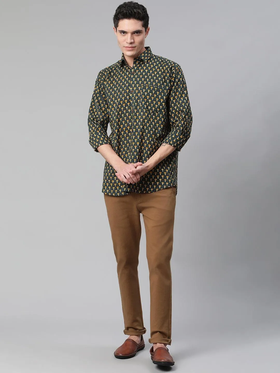 Millennial Men Dark Green  & Mustard Cotton  Full Sleeve  Shirt for Men-MMF0284