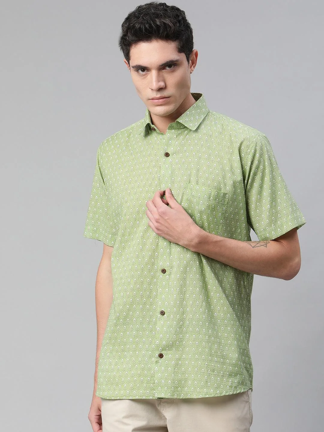 Millennial Men Green & White  Cotton  Half Sleeve Shirt for Men-MMH0189