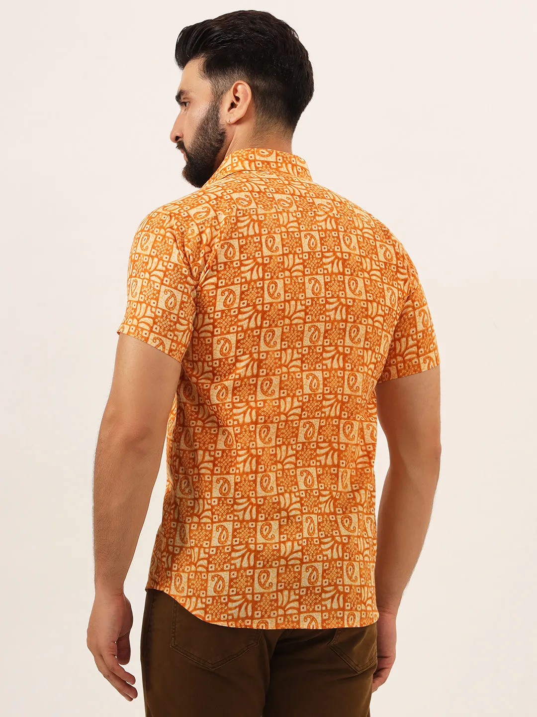 MILLENNIAL MEN Orange Paisley Print Pure Cotton Regular Fit Casual Shirt