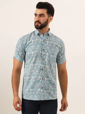 MILLENNIAL MEN Sky Blue Floral Print Pure Cotton Regular Fit Casual Half Sleeve